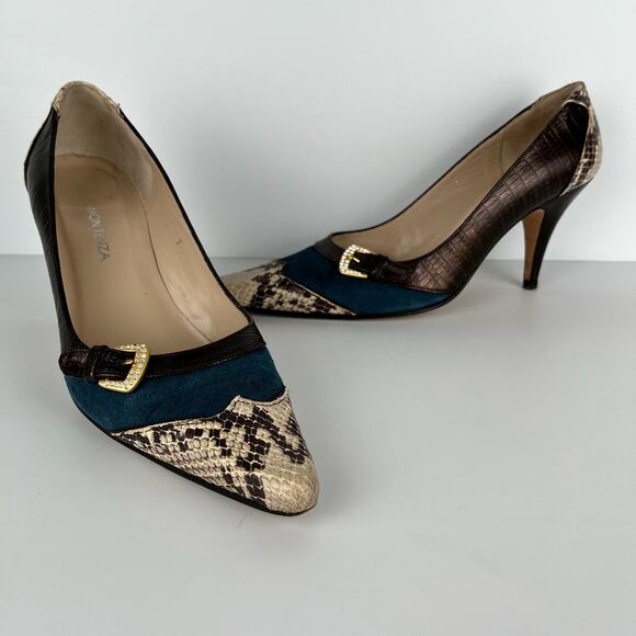 Vintage Ramon Tenza Leather Heels Pointed Snake Toe & Buckle Western Womens 7 - Picture 1 of 14